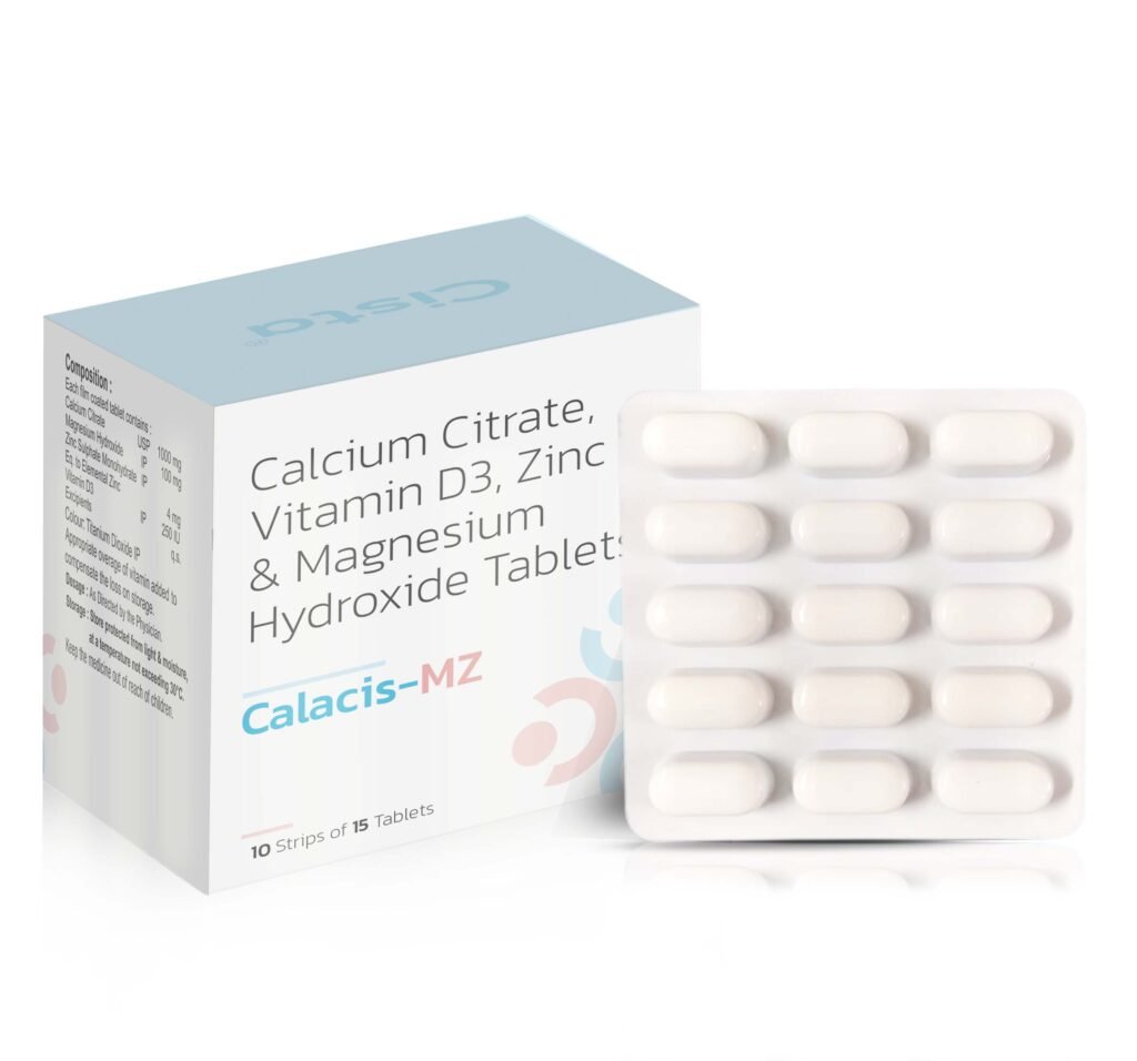 Calcium Citrate USP 1000 mg +Magnesium Hydroxide IP 100 mg + Zinc Sulphate Monohydrate IP IP Eq. to Elemental Zinc 4 mg + Vitamin D3 250 IU- Calacis-MZ