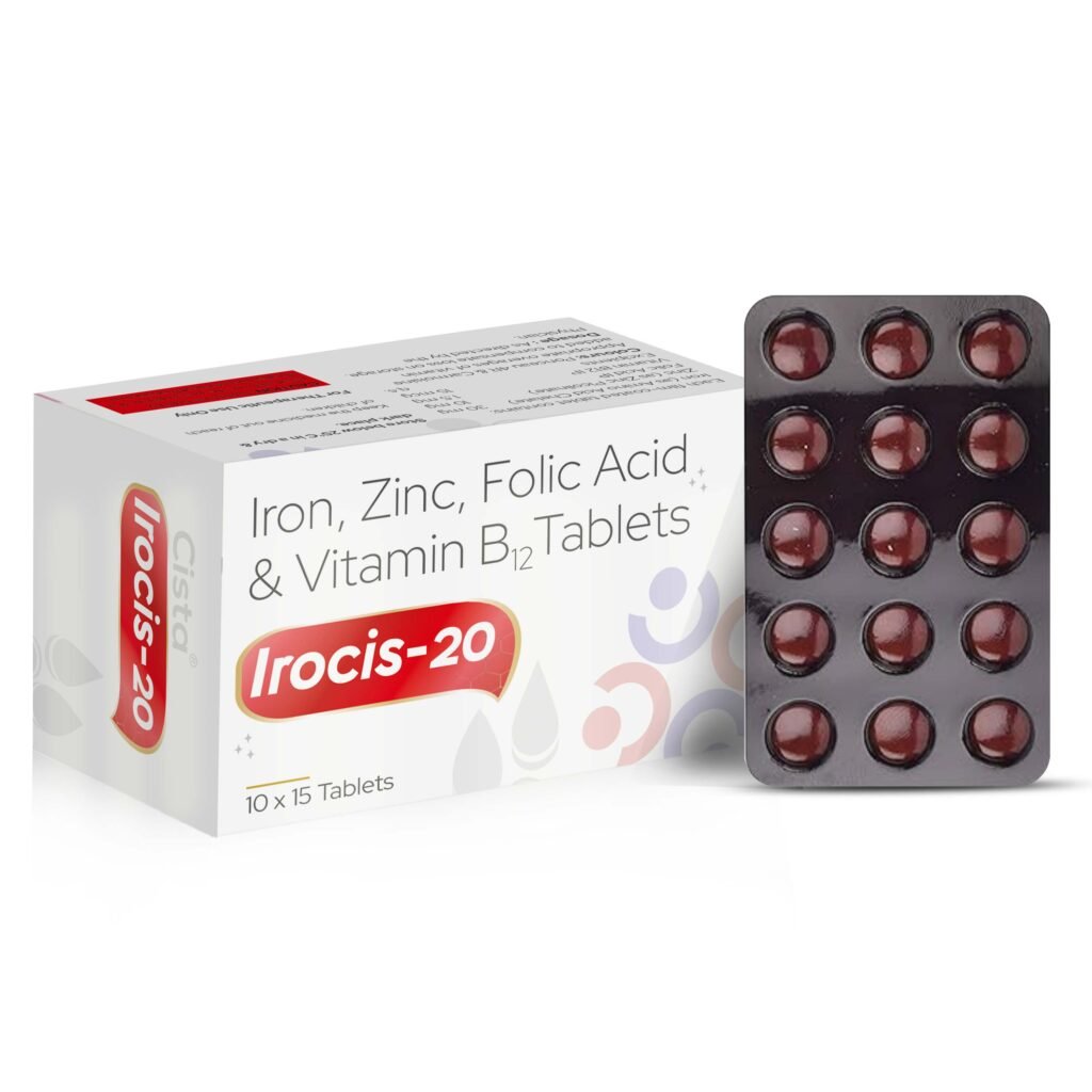 Each Film Coated contains :- Iron (As Amino acid Chelate ) 30mg+ Zinc (as Zinc picolinate) 10mg+Folic Acid 1.5mg+ Vitamin B12 15mcg - Irocis-20