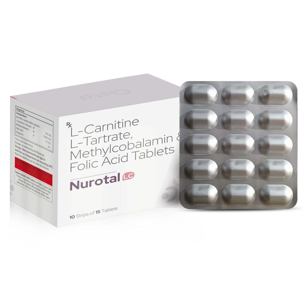 Each film coated tablet contains : L- Carnitine-L- Tartrate 500mg + Folic Acid 1.5 mg + Methylcobalamin 1500mcg - Nurotal LC