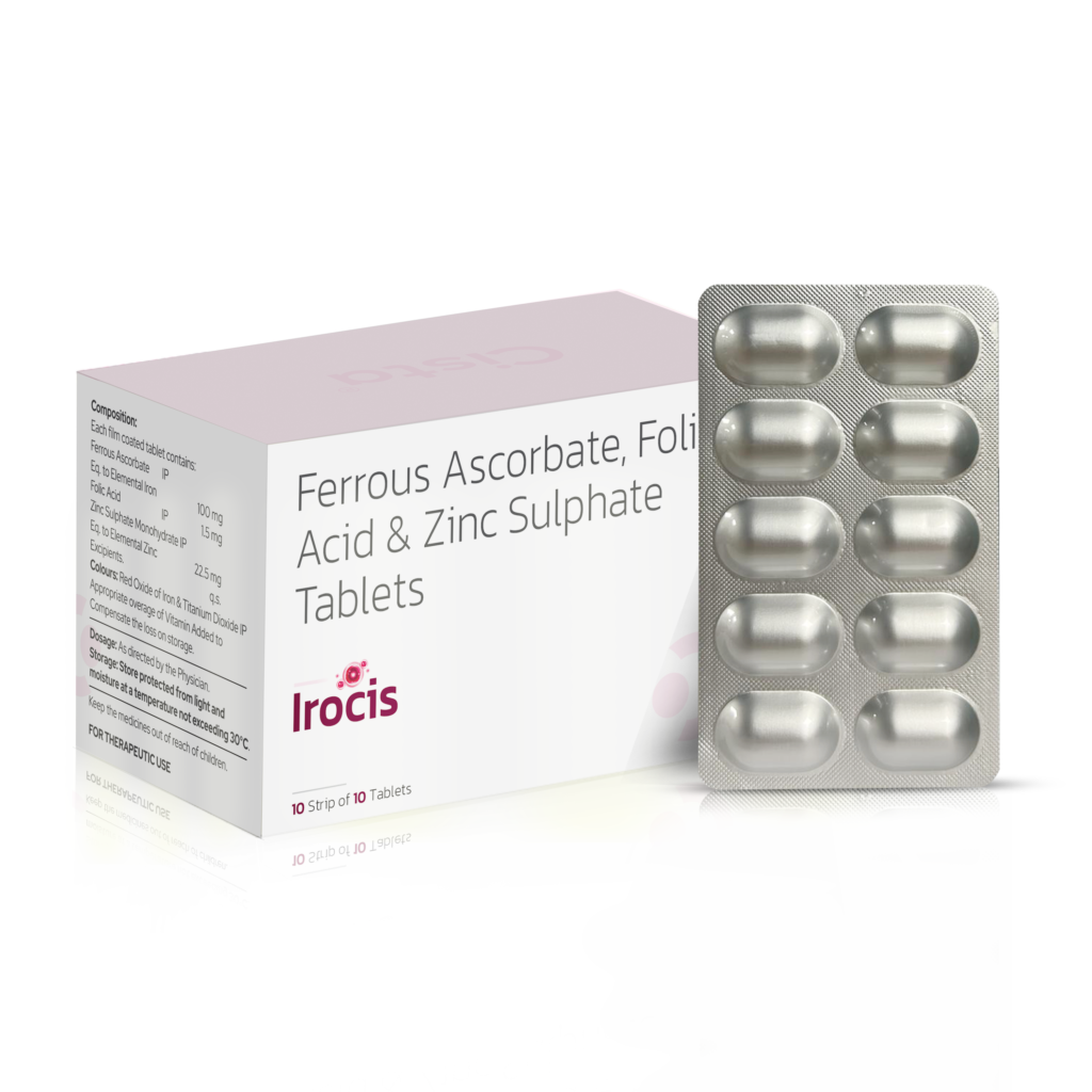 Ferrous Ascorbate(Anhydrous) IP eq. to elemental iron 100mg + Folic Acid 1.5 mg+ Zinc sulphate Monohydrate 22.5mg - Irocis