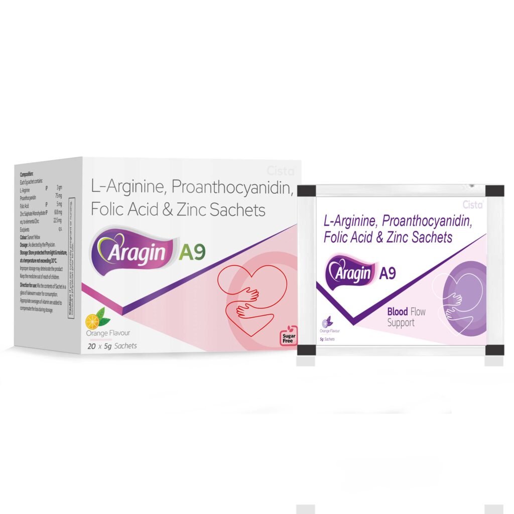 L-Arginine BP 3gm + Proanthocynadin 75mg + Folice Acid 5mg + Zinc Sulphate Monohydrate 61.8mg + Zinc 22.5mg (ORANGE FLAVOUR) - Aragin-A9 — L-Arginine BP 3 g + Proanthocyanidin 75 mg + Folic Acid 5 mg + Zinc Sulphate Monohydrate 61.8 mg + Zinc 22.5 mg (ORANGE FLAVOUR) — Sachet