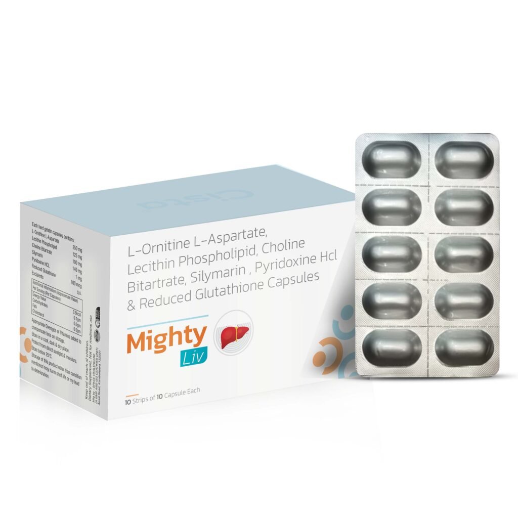 Lecithin Phospholipid 125mg+ Choline Bitartate 100 mg+ Silymarin 140mg+ Pyridoxine HCl 1mg+ Reduced Glutathione 100mcg - Mighty-Liv