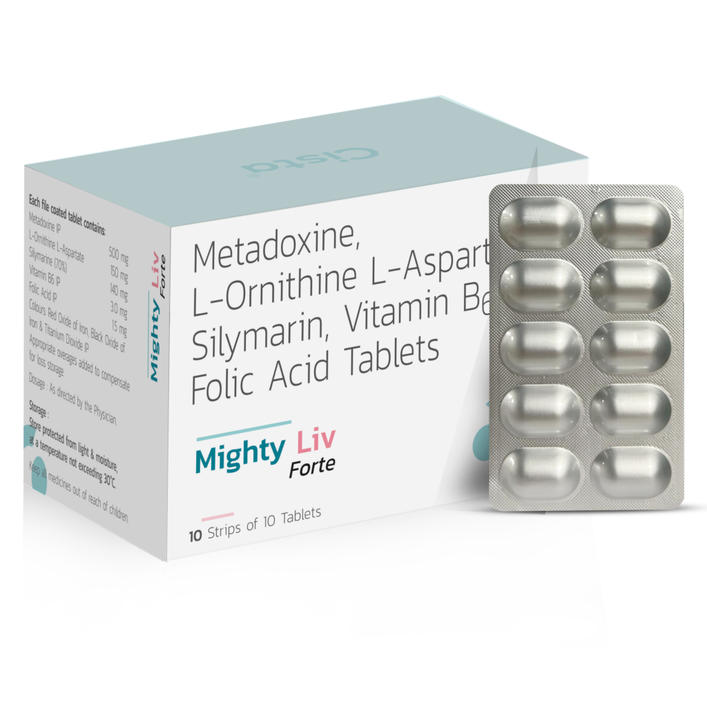 Metadoxine 500mg + L-Ornithine L-Aspartate 150mg + Silymarin (70%) 140mg + Vitamin B6 IP 3.0mg + Folic Acid 1.5mg – Mighty Liv Forte — Metadoxine 500 mg + L-Ornithine L-Aspartate 150 mg + Silymarin (70%) 140 mg + Vitamin B6 IP 3.0 mg + Folic Acid 1.5 mg — Tablets