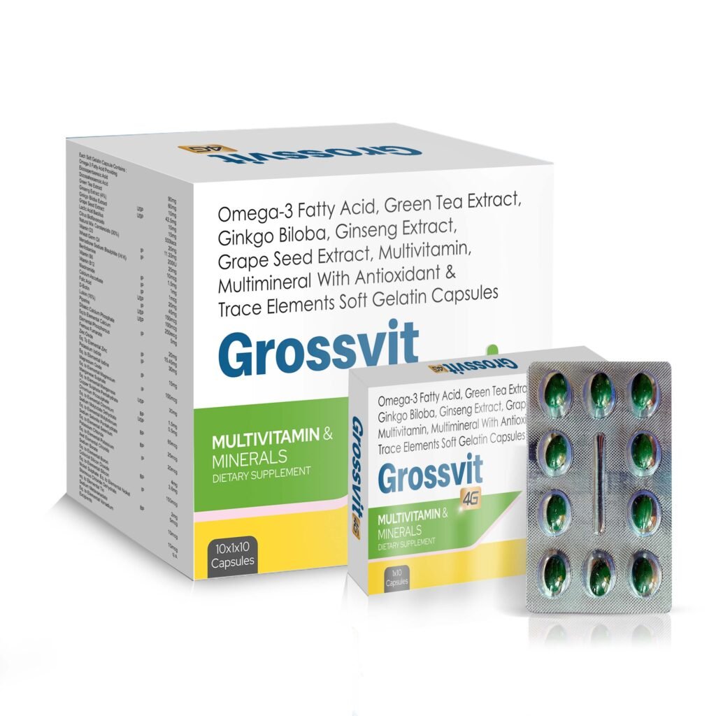 Omega 3-fatty acid, Green tea extract, Ginkgo biloba, ginseng, grape seed extract, antioxidants, vitamins and minerals (4G) - Grossvit-4G
