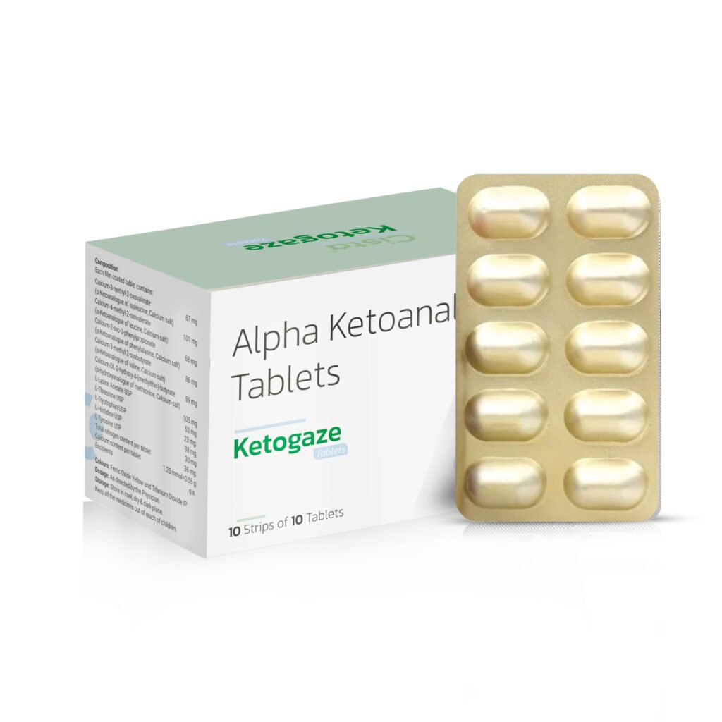 Alpha Ketoanalogues & Essential Amino Acids (Each film coated tablet contains: Alpha-Keto-Isoleucine, Calcium salt 67 mg + Alpha-Keto-Leucine, Calcium salt 101 mg + Alpha-Keto-Phenylalanine, Calcium salt 68 mg + Alpha-Keto-Valine, Calcium salt 86 mg + Alpha-Hydroxy Methionine, Calcium salt 59 mg + Threonine IP 53 mg + Tryptophan IP 23 mg + Histidine USP 38 mg + Tyrosine USP 30 mg + Lysine-Acetate USP 105 mg + Total Nitrogen content/ tablet 36 mg +Total Calcium content/ tablet 50 mg - Ketogaze